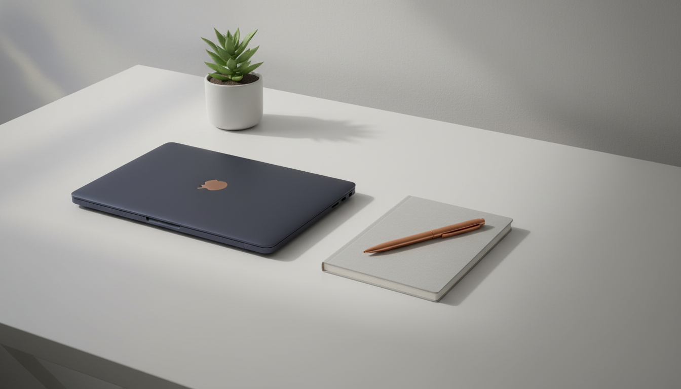 Minimal workspace with laptop and notebook