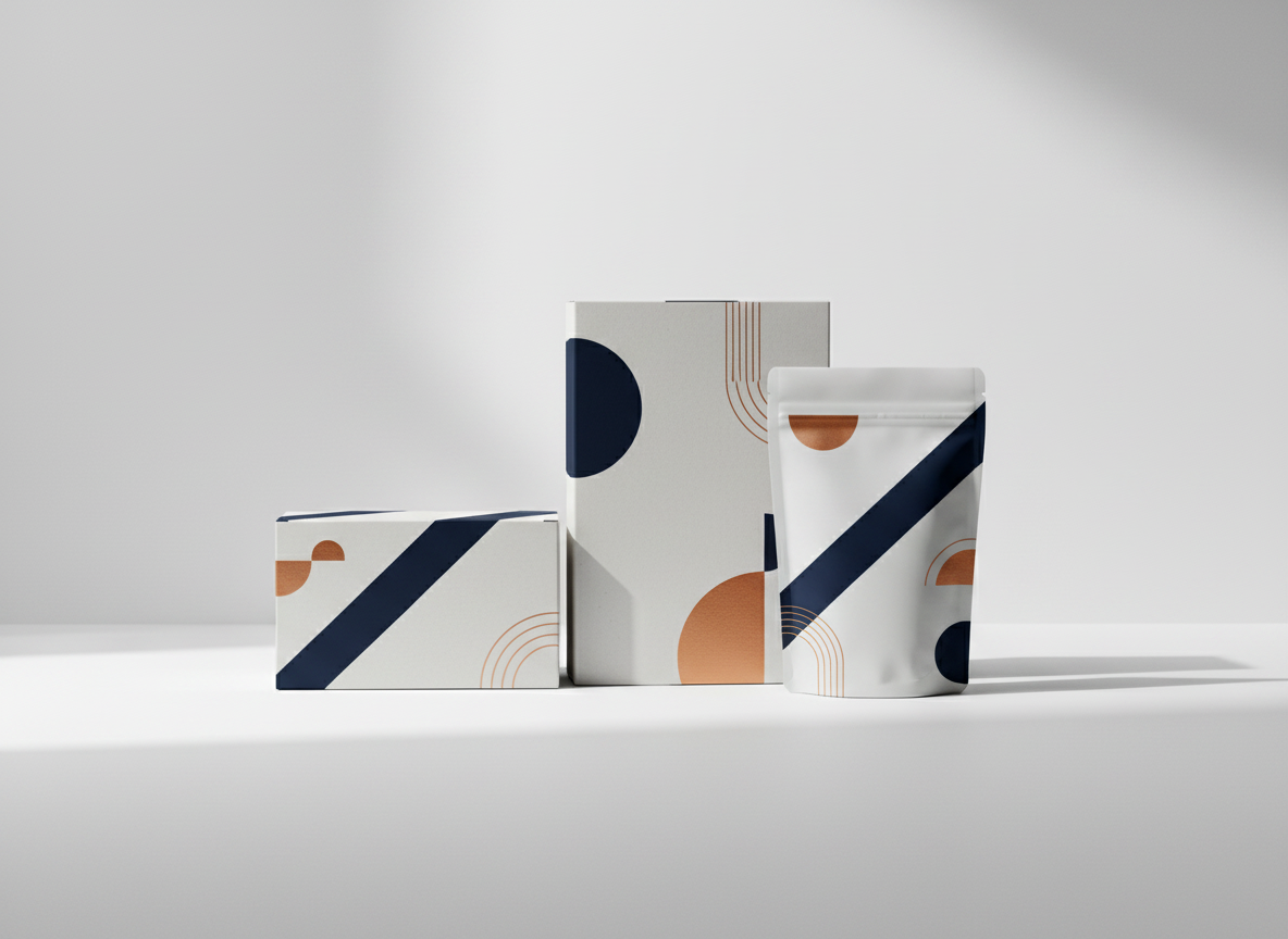 Neutral packaging scene with geometric accents